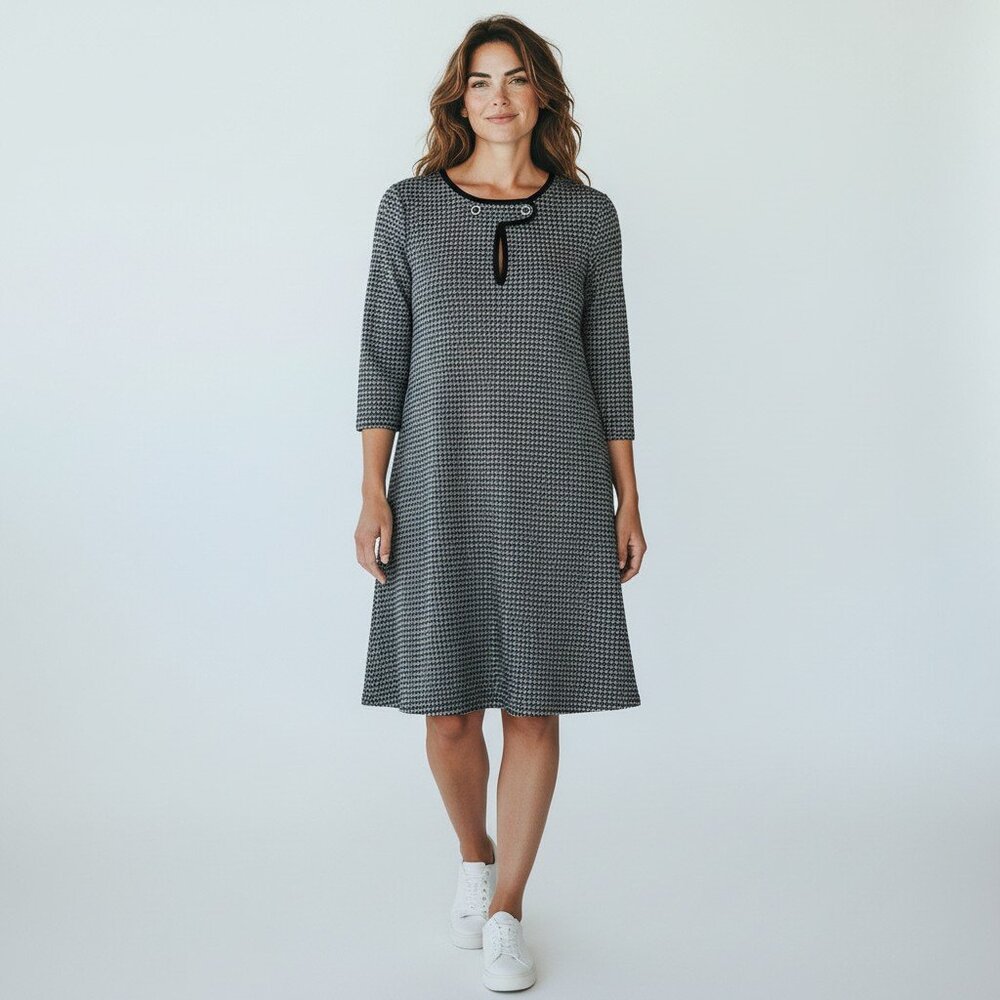 J McLaughlin Penelope Dress Large Women's Houndstooth Black Gray Old Money